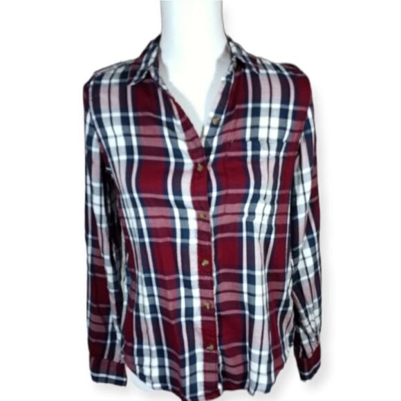 SO BURGUNDY, NAVY, & WHITE PLAID SHIRT SZ.XS EUC - Picture 1 of 7